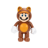 Nintendo Super Mario Tanooki Mario figure wearing a brown raccoon costume with rounded ears, orange belly and white gloves against a white background.