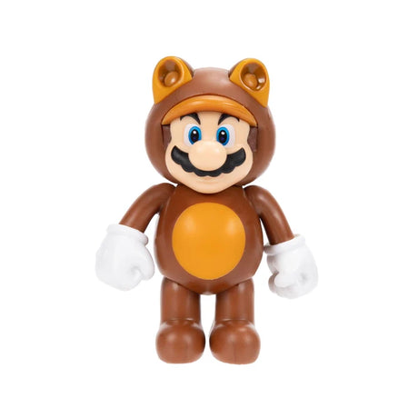 Nintendo Super Mario Tanooki Mario figure wearing a brown raccoon costume with rounded ears, orange belly and white gloves against a white background.