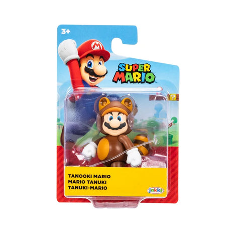 Nintendo Super Mario Tanooki Mario figure wearing a brown raccoon suit with rounded ears, orange belly and white gloves in original blister packaging.