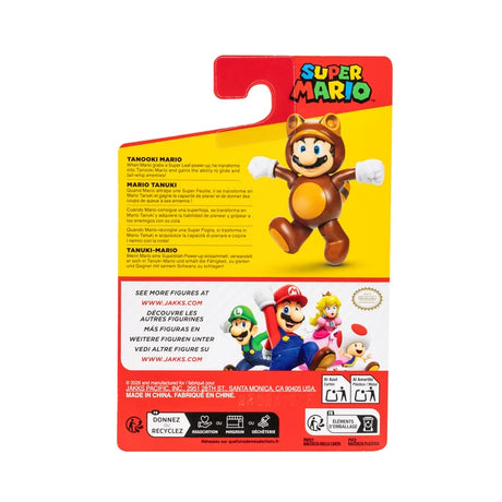 Back of the Nintendo Super Mario Tanooki Mario figure packaging showing Mario in his brown raccoon costume, multilingual product information and Nintendo branding.