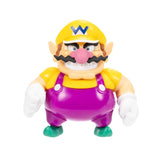 Nintendo Super Mario Wario figure wearing a yellow cap with a blue W, purple overalls, white gloves and green shoes against a white background.