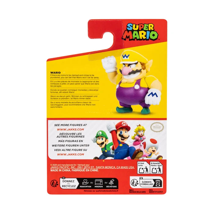 Back of the Nintendo Super Mario Wario figure packaging featuring Wario artwork in his yellow cap and purple overalls with multilingual product information.