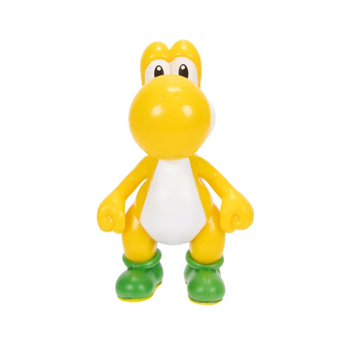 Nintendo Super Mario Yellow Yoshi figure with bright yellow body, white belly, rounded snout and green shoes standing against a white background.