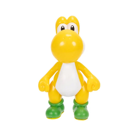 Nintendo Super Mario Yellow Yoshi figure with bright yellow body, white belly, rounded snout and green shoes standing against a white background.