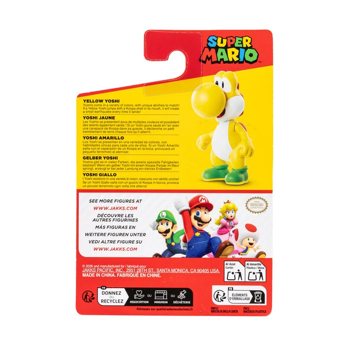 Back of the Nintendo Super Mario Yellow Yoshi figure packaging showing character artwork, multilingual product information and safety labels.