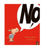 Illustrated book cover for No! featuring a cartoon rhinoceros wearing a striped shirt with oversized speech bubble text above