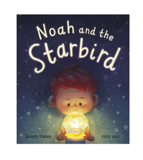 Front cover of Noah and the Starbird showing a young boy holding a glowing bird shaped lamp against a dark blue starry night background