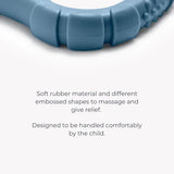 Nuvita blue teether infographic showing soft rubber texture and easy grip design
