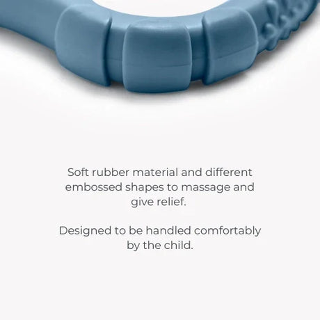 Nuvita blue teether infographic showing soft rubber texture and easy grip design