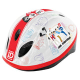 One Direction kids helmet shown from the side with red stripe, black vents and band graphic