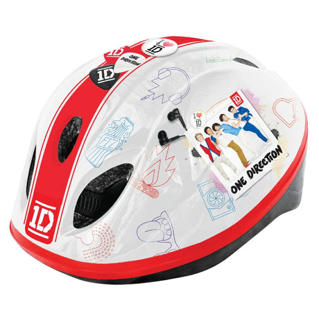 One Direction kids helmet shown from the side with red stripe, black vents and band graphic