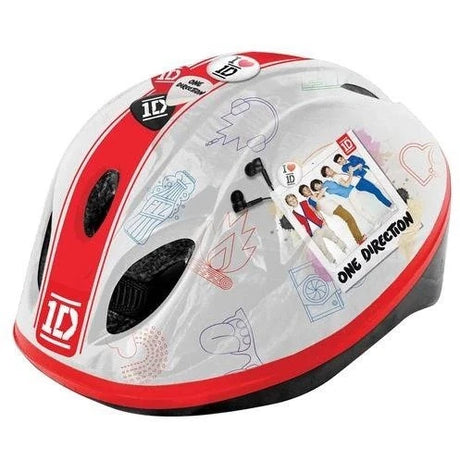 One Direction kids helmet with side vents, red stripe, 1D logo and printed doodle graphics