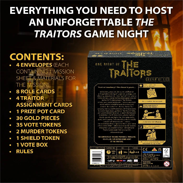 One Night of The Traitors Castle of Lies contents graphic beside the back of the game box showing missions, role cards, gold pieces and vote tokens