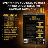 One Night of The Traitors Castle of Lies contents graphic beside the back of the game box showing missions, role cards, gold pieces and vote tokens