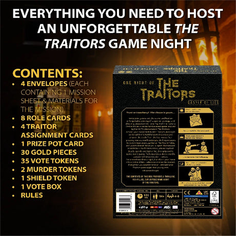 One Night of The Traitors Castle of Lies contents graphic beside the back of the game box showing missions, role cards, gold pieces and vote tokens