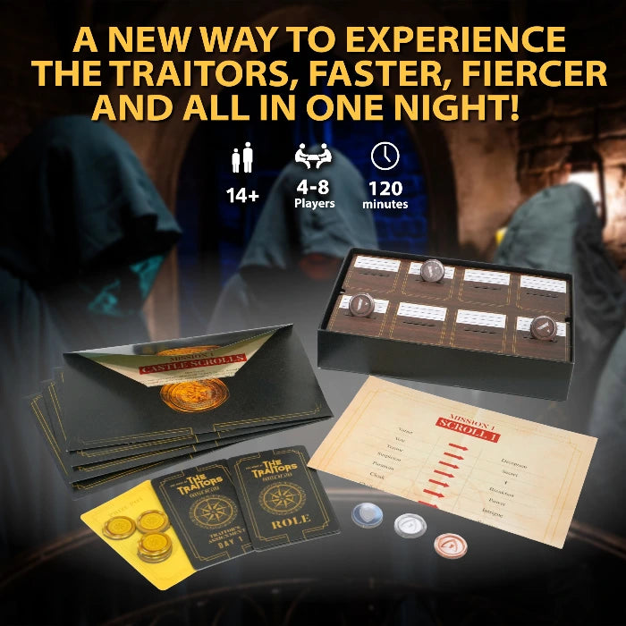One Night of The Traitors Castle of Lies game components showing mission envelopes, cards, tokens and game sheets