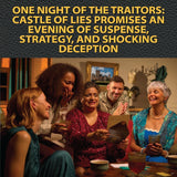 One Night of The Traitors Castle of Lies game night scene with players gathered around a table holding game cards