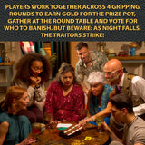 One Night of The Traitors Castle of Lies players gathered around the table during a Round Table voting scene