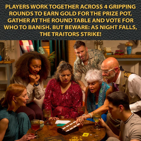 One Night of The Traitors Castle of Lies players gathered around the table during a Round Table voting scene