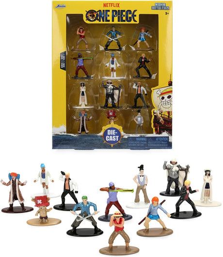Jada Toys Netflix One Piece Nano MetalFigs yellow retail box displaying 12 figures through a transparent window, with the complete set arranged below the packaging.