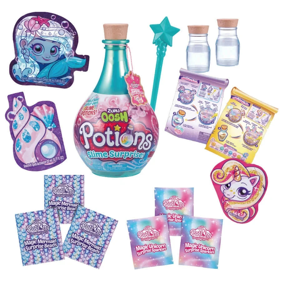 ZURU Oosh Magic Potions Surprise assortment showing colourful potion containers and slime making accessories with promotional artwork.