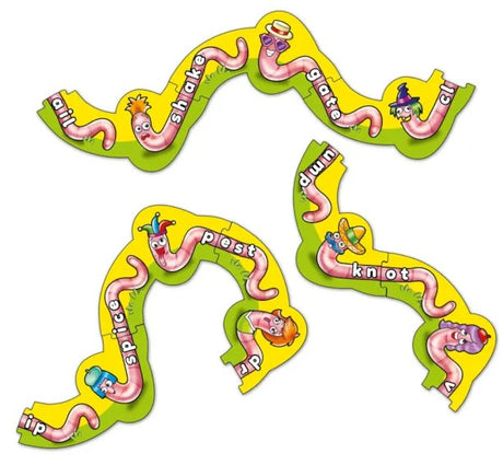 Close-up of Orchard Toys Wiggly Words word tiles with funny worm characters Ireland