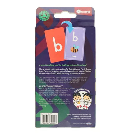 Ormond Alphabet Flash Cards Pack of 56 back packaging with barcode panel and product information