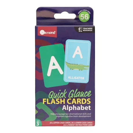 Ormond Alphabet Flash Cards Pack of 56 front packaging showing A alligator cards