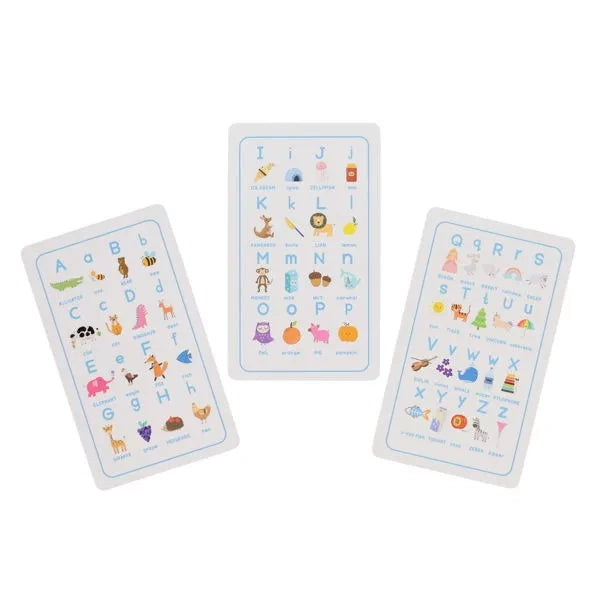 Ormond Alphabet Flash Cards Pack of 56 showing three alphabet card layouts with letters and pictures