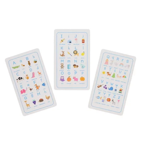 Ormond Alphabet Flash Cards Pack of 56 showing three alphabet card layouts with letters and pictures