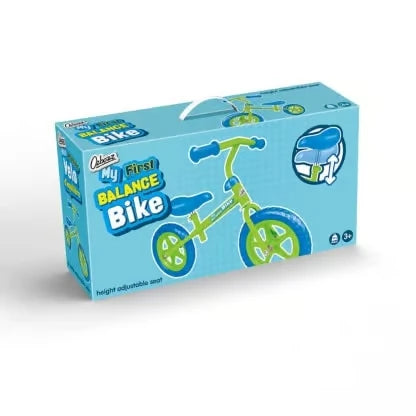 Ozbozz My First Balance Bike product box showing the balance bike and saddle graphic