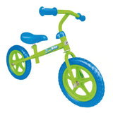 Ozbozz My First Balance Bike in green and blue shown from an angled view