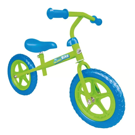 Ozbozz My First Balance Bike in green and blue shown from an angled view