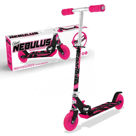 Ozbozz Nebulus black and pink scooter shown beside product box with pink wheels, grips and rear brake