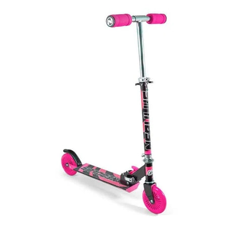 Ozbozz Nebulus black and pink scooter shown from the left side with pink wheels, grips and deck graphics