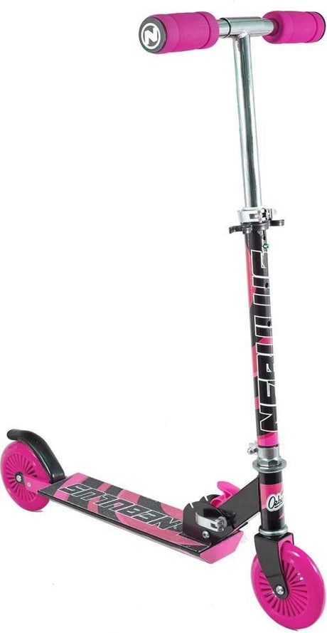 Ozbozz Nebulus black and pink scooter shown upright with chrome handlebar stem, pink grips and pink wheels
