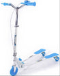 A white and blue Ozbozz scissor scooter with a three wheel design and soft blue handle grips