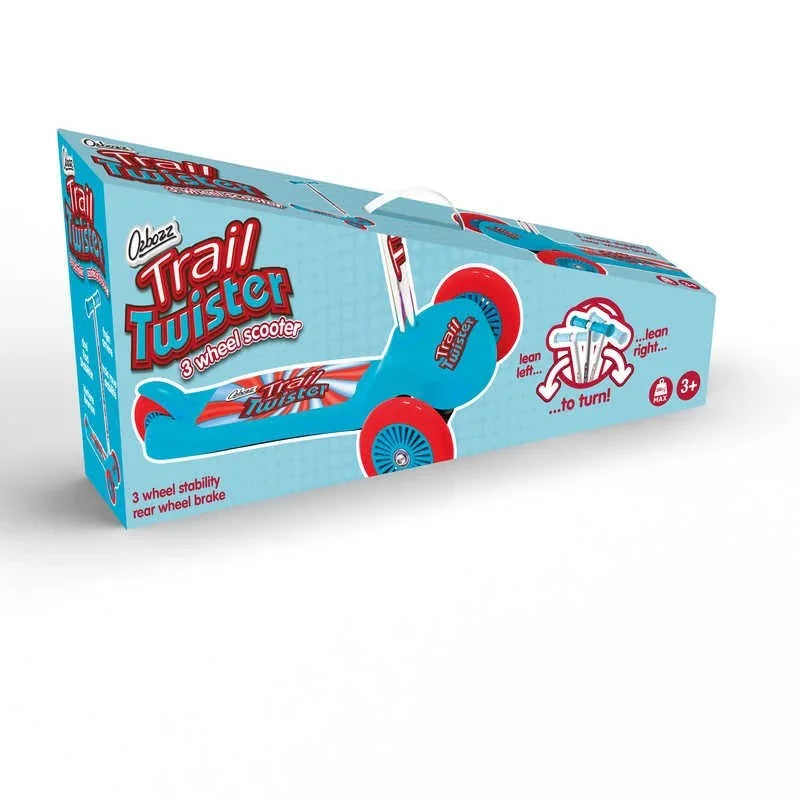 Product box and assembled blue Ozbozz Trail Twister scooter showing its three wheel design, red wheels, and chrome handlebar.