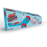 Product box and assembled blue Ozbozz Trail Twister scooter showing its three wheel design, red wheels, and chrome handlebar.