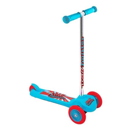 Front section of a blue Ozbozz Trail Twister scooter with soft blue grips, red wheels, and a chrome T tube.