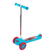 A blue Ozbozz Trail Twister scooter with three wheels, bright blue grips, a chrome T tube, and a wide deck with matching graphics.
