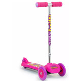 A pink three wheeled Ozbozz scooter with soft grip handles, a chrome T tube, and a wide foot plate.