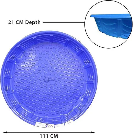 Blue round rigid plastic paddling pool showing dimensions of 111cm diameter and 21cm depth with inset close-up of pool wall thickness