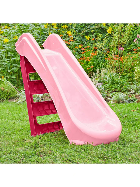 Angled folded view of the pink folding first slide on grass