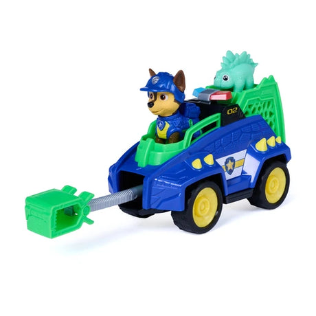 PAW Patrol Chase seated in the Dino Rescue Cruiser with green dinosaur and rescue claw extended