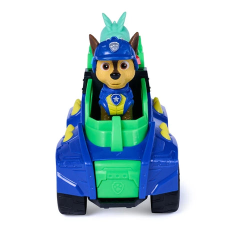Front view of Chase seated in the PAW Patrol Dino Rescue Cruiser with green dinosaur behind him