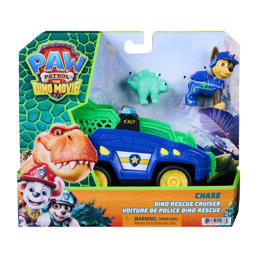 PAW Patrol The Dino Movie Chase Dino Rescue Cruiser packaging with vehicle, Chase and dinosaur figure