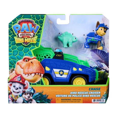 PAW Patrol The Dino Movie Chase Dino Rescue Cruiser packaging with vehicle, Chase and dinosaur figure