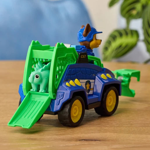 Rear view of the PAW Patrol Chase Dino Rescue Cruiser with ramp lowered and green dinosaur inside