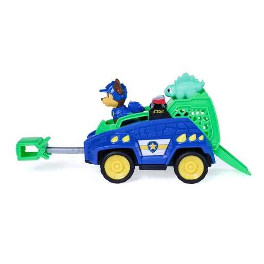 Side view of the PAW Patrol Chase Dino Rescue Cruiser with extended claw, Chase and green dinosaur